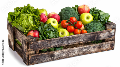 Fresh produce in a rustic wooden crate featuring various vegetables and fruits during a vibrant market display
