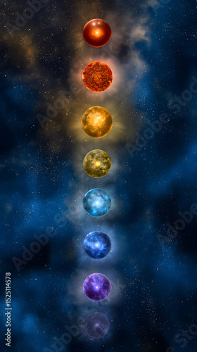 Colorful representation of celestial bodies aligned vertically against a dark cosmic backdrop