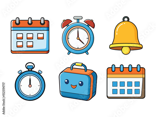 Cute cartoon icons representing time schedules planning and organization in modern design