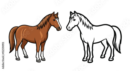 Asian Horse Coloring Page with Realistic Colored and Detailed Outline Versions