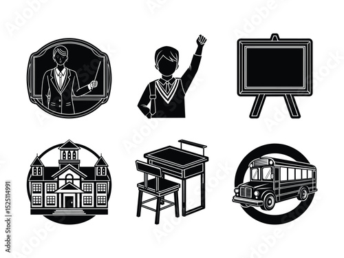 School icons illustrations featuring teacher student blackboard school building and bus