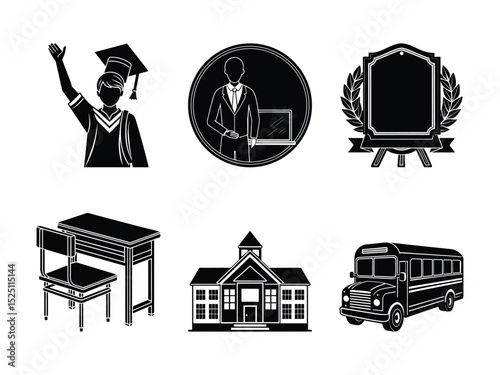 Vector illustration set featuring graduation school teacher desk school bus and school building
