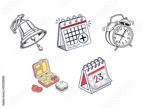 A collection of hand drawn school time and lunch time related illustrations