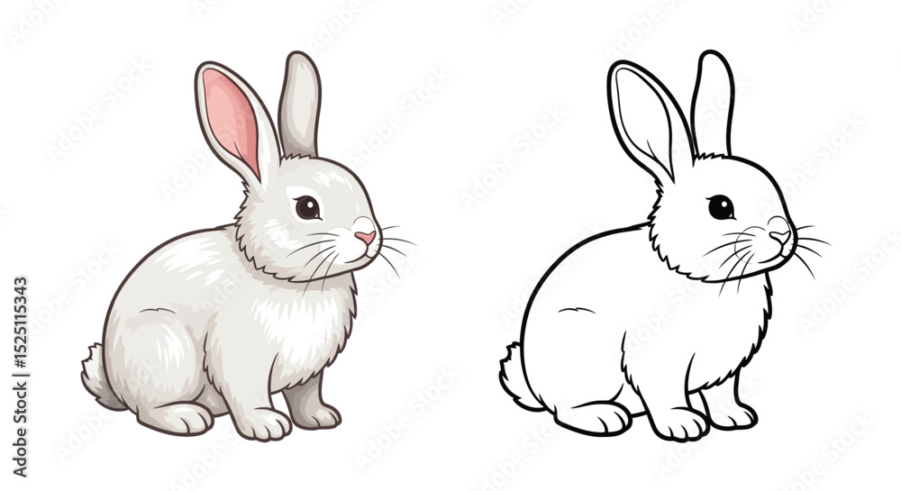 Fototapeta premium Asian Rabbit Coloring Page with Detailed Colored and Clear Outline Bunny Illustration