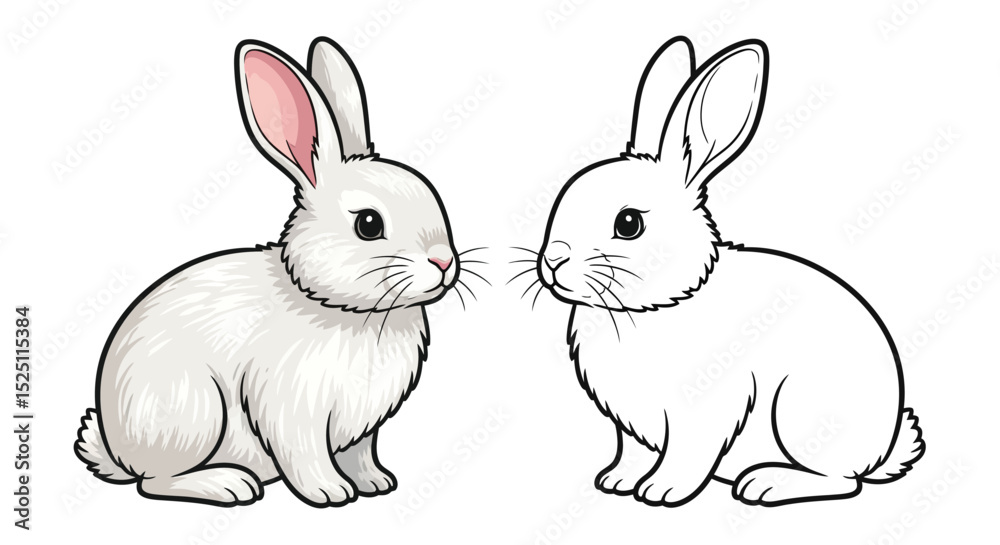 Obraz premium Asian Rabbit Coloring Sheet Featuring Full Color and Clean Line Art for Young Animal Lovers