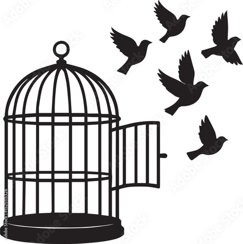 Silhouettes of birds flying away from an open birdcage illustrating freedom and release