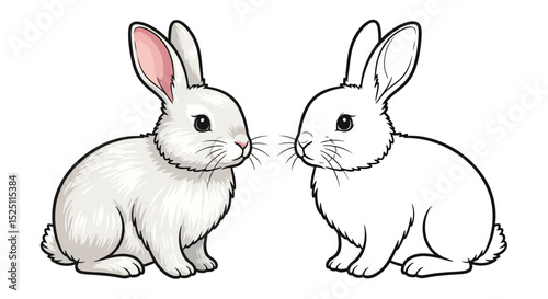 Asian Rabbit Coloring Sheet Featuring Full Color and Clean Line Art for Young Animal Lovers
