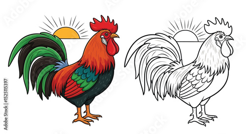 Asian Rooster Coloring Page with Detailed Colored and Clear Outline Bird Illustration