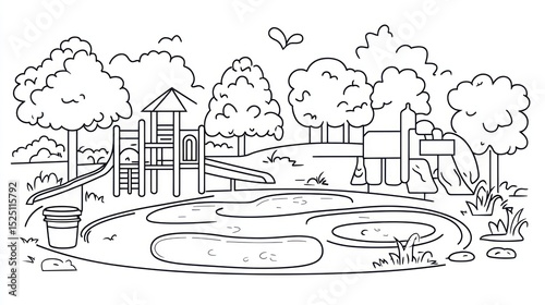 Line drawing of a children's playground in a park with a pond