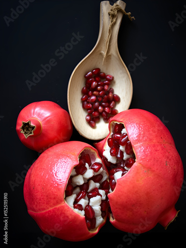 Ripe pomegranate fruits and bailer with seeds inside seen from above over a black textured background
