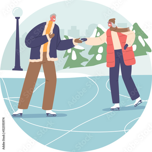 Senior couple ice-skating together vector illustration