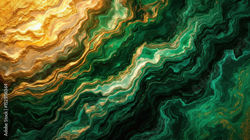 Swirling patterns of green and gold create an eye-catching abstract design. The fluid texture emphasizes depth and movement, creating a dynamic visual experience