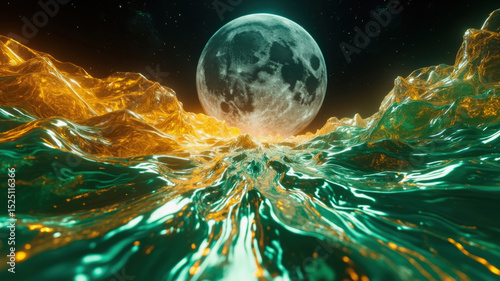 Bright waves glow in shades of green and gold beneath a full moon. The night sky is filled with stars, creating a surreal, dreamy atmosphere. The landscape is both captivating and otherworldly