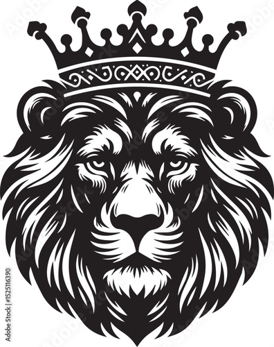 Regal black and white lion head with royal crown illustrating power and strength