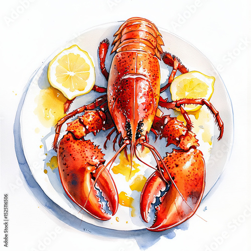 A detailed watercolor painting of a bright red cooked lobster presented on a white plate, garnished with two slices of fresh yellow lemon, with juice splatters.