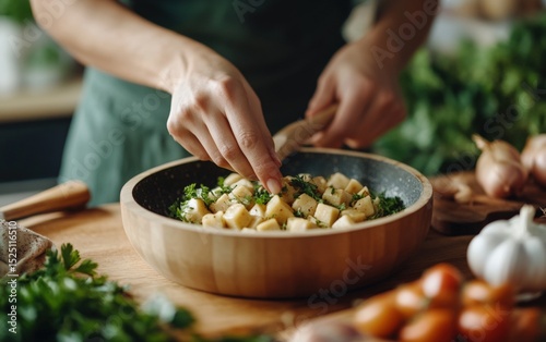 Closeup of hands preparing cassava on a wooden surface in a cozy kitchen, surrounded by herbs and vegetables. Sustainable plant-based cooking methods perfect for vegan food and lifestyle themes. photo