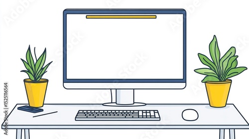 Desk setup featuring a computer, keyboard, plants, and clean, modern design