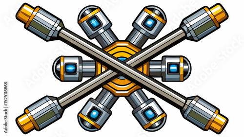 A classic X-shaped lug wrench, often used for tires. Four socket heads glint in the light. Symmetrical and strong visual appeal, rendered on bright white background.

