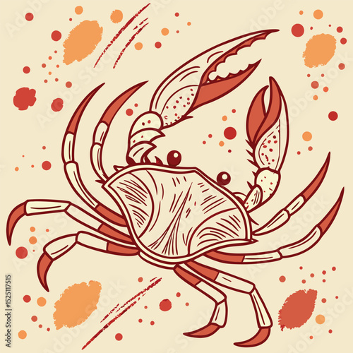 A beautiful vector illustration that mimics a real watercolor painting of a crab. Featuring soft, bleeding edges, vibrant color washes, and artistic splatters in red and orange hues, this design has a