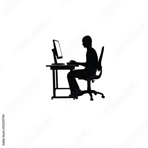 Silhouette of a person sitting at a desk working on a computer on white background