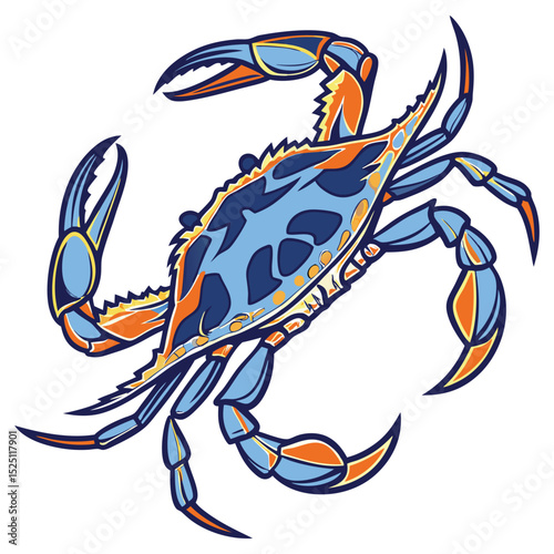 A stunning and scientifically inspired vector illustration of a blue crab, known for its vibrant and beautiful coloring. The detailed artwork captures its blue and orange markings in a dynamic, life-l