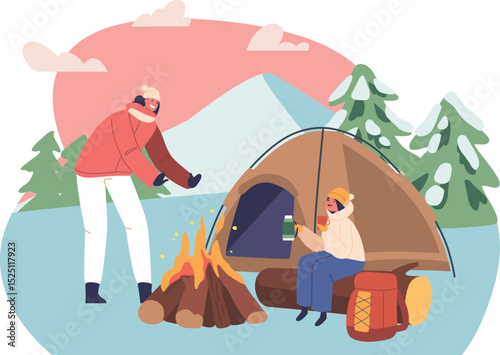 Mother son at winter camping