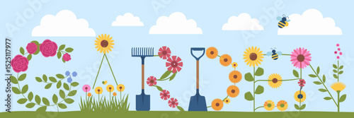 Vector word “Garden” created with flowers, garden tools, and bugs against sky