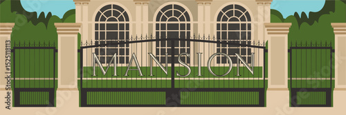 Luxurious "Mansion" text with grand gates, pillars, and arched windows – Ideal for real estate branding, architectural content, or luxury lifestyle promotions.