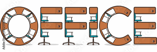 Office typography with desks and swivel chairs in modern sans-serif font