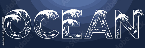 Ocean word art with waves, fish, and sea plants – Suitable for marine conservation content, educational resources, or ocean-themed decor