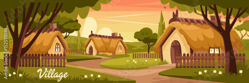 Thatched-roof cottages in rural village during golden hour with warm sunset tones