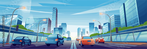 Cool-toned modern city with skyscrapers, traffic, and streetlights under clear sky