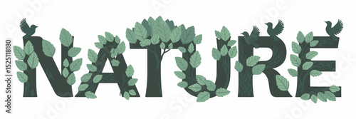 Vector text "Nature" with trees and birds in green shades – Great for ecology concepts, natural lifestyle content, or greenery visuals