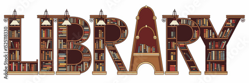 Library text with bookshelves and arched entrances – Excellent for education content, reading campaigns, or interior design