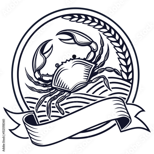 A classic and professional emblem design featuring a crab as the central element. Enclosed in a circle with stylized waves and a ribbon or banner for custom text, this vector badge is perfect for crea