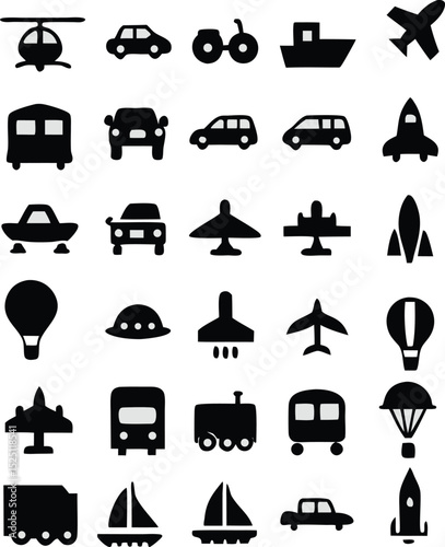 
This image displays a grid of black silhouette icons representing various modes of transportation, including land, sea, and air vehicles