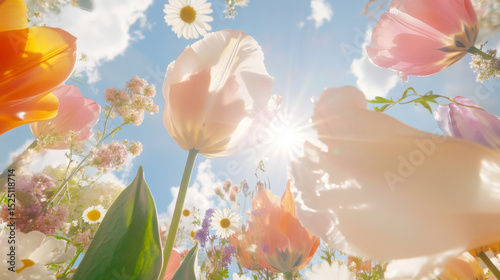 Tulip and daffodil flowers in sunny field with blue sky background, spring season