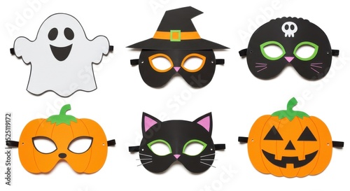 Wallpaper Mural Colorful Halloween masks including a ghost, witch, cat, and pumpkin against a white background Torontodigital.ca