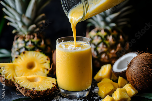 A tropical smoothie being poured into a glass surrounded by fresh pineapples and coconuts photo