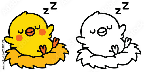 Coloring Book For Kids Cartoon A happy little chick napping in a straw nest Outline Vector Illustration
