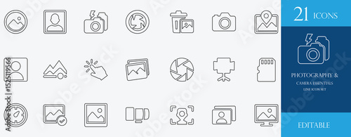Photography and Camera Essentials line icon set. Features minimal, outline icons of camera, lens, snapshot, focus, studio, composition, and digital photography