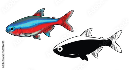 Neon Tetra Coloring Page with One Colored and One Outline Fish for Aquarium Lovers