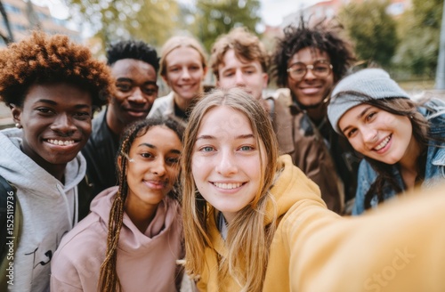 Diverse group of teens smiling together selfie