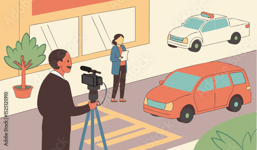 colorfull scene A Cameramen and correspondent woman reporting latest news at newcast studio. On air journalist people. TV streaming, reportage, program. Breaking news, television studio set.  