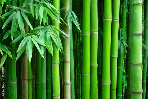 Green bamboo stalks growing in dense forest creating relaxing atmosphere