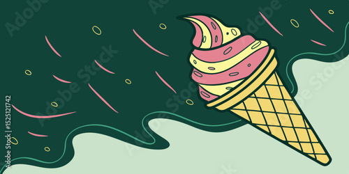 Ice Cream Cone 3d rendering ,  yummy and classic Cartoon Vector Illustration in dark green background  vector illustration.