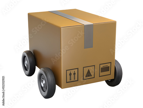 3d illustration rendering of isolated transparent fragile cardboard parcel box on wheel icon