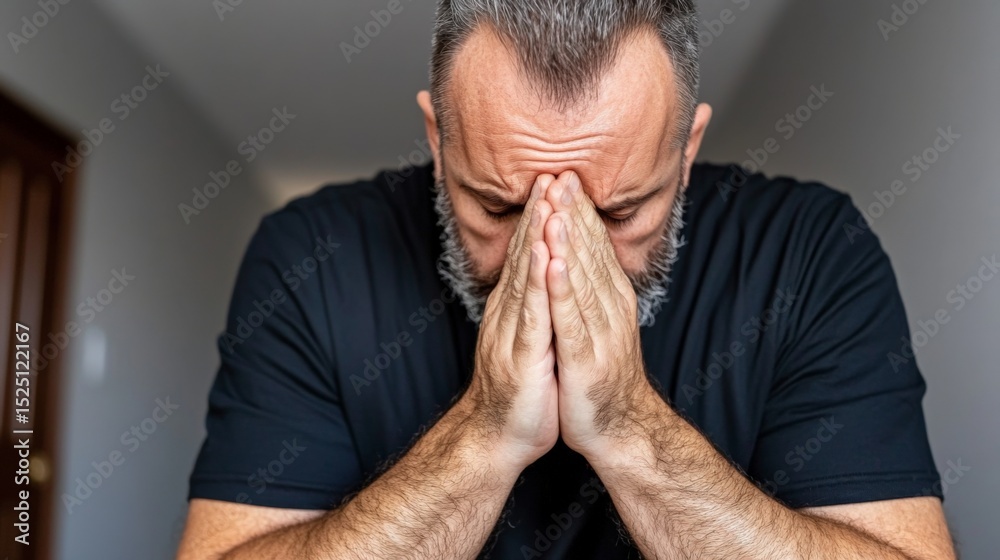Naklejka premium Man with gray beard and short hair praying or feeling distressed with hands clasped near face