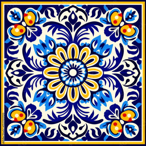 Mexican ceramic tile set with floral and geometric decorative blue red and yellow pattern