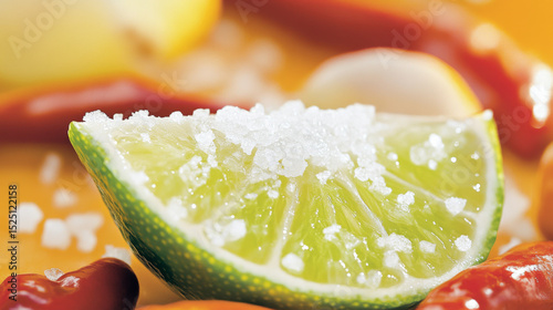 Macro shot of a fresh lime wedge with coarse salt, tequila appetizer background